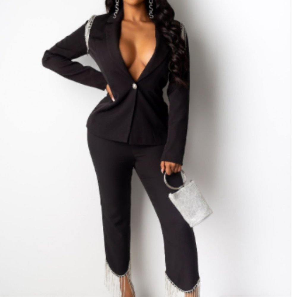 Tassel Long Sleeve One Button Women Suit Set